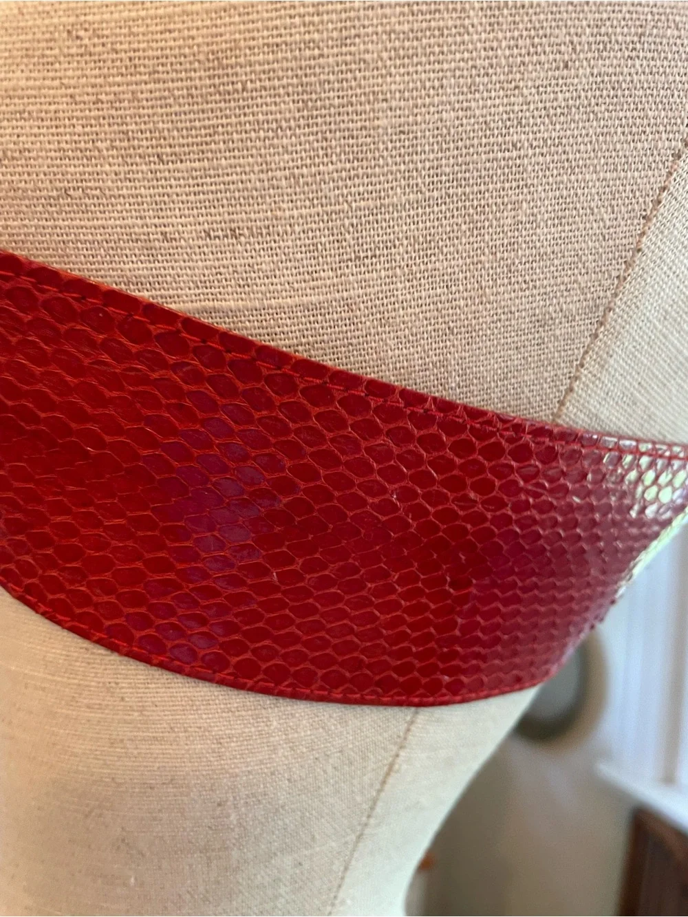 Vintage Red Textured Wide Waist Belt with Covered Buckle